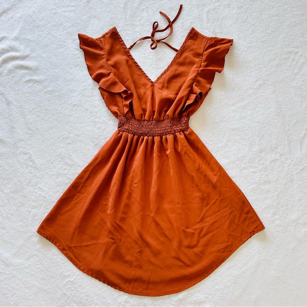 NWOT XS Knee Length Ruffle Dress Pumpkin Spice Orange Fall Autumn Plunge Flare